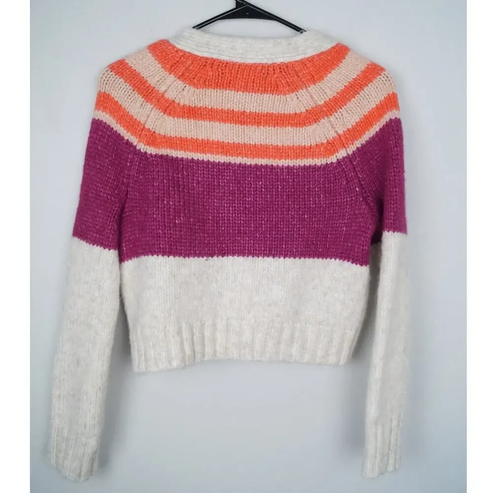 American Eagle Striped Cardigan Button Front Multicolor Pink Cream Fuzzy Size XS